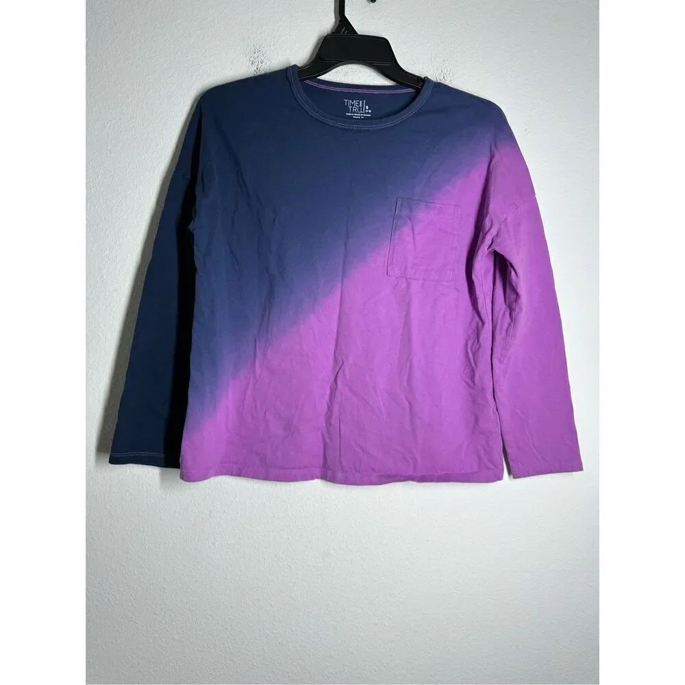 Time and Tru Women's Oversized Tie Dye T-Shirt Long Sleeves Blue Purple Size S